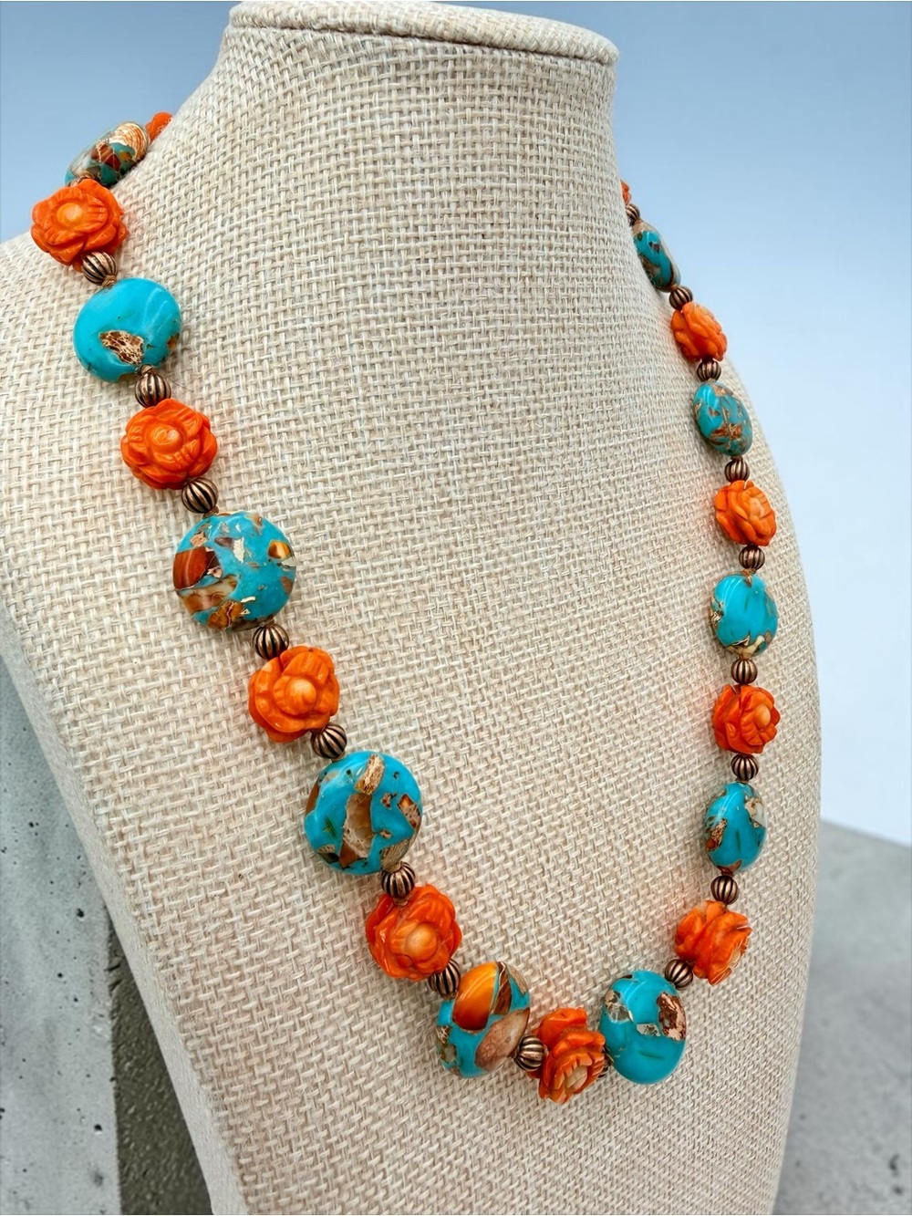 Artisan Hand Knotted Emperor Jasper Carved Coral floral bead Copper Necklace 18” - Picture 6 of 17
